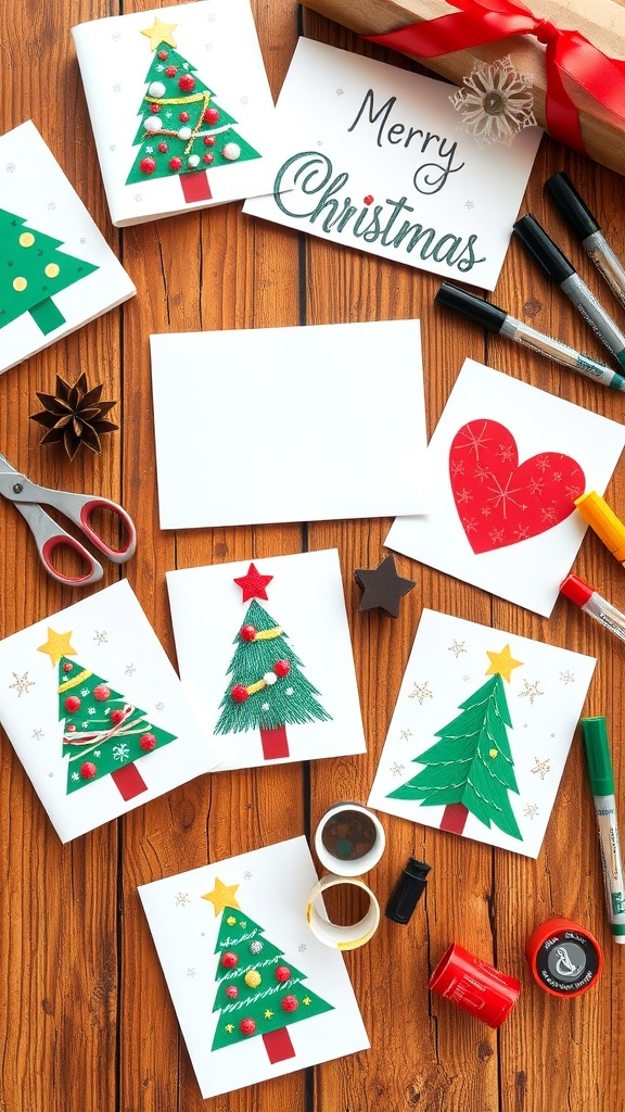 A display of homemade Christmas cards with festive designs on a wooden table with crafting supplies.